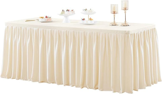 Wish Care Light Champagne Polyester Table Clothes for 8 Foot Rectangle Tables, Wrinkle Free Fitted Table Cover with Pleated Ruffle Table Skirt for Birthday Party Wedding Trade Show Event Display by WishCare