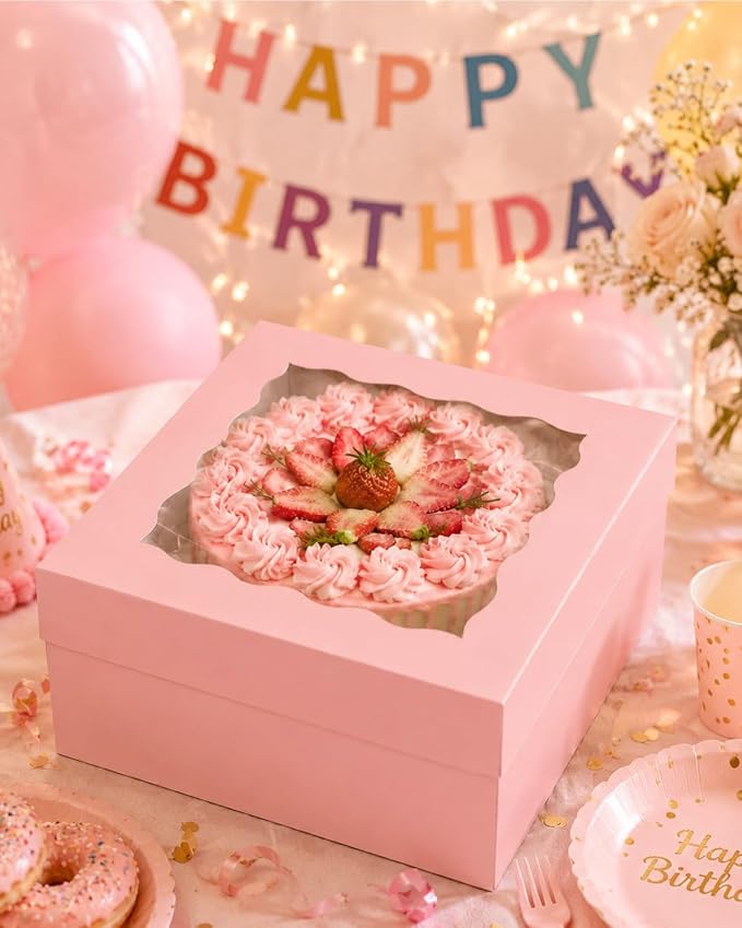qiqee Pink 12"x12"x8" Cake Box 36Pcs, 12" Pink Cake Round Boards 36Pcs, for Cake, Treat Cookie Dessert, Pastry, Birthday Party - Image 7