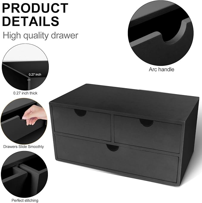 Charmewooden desk organizer with drawers countertop drawer organizer Tabletop Storage Organization Box Home Office Workspace Bathroom Toiletries Supplies (black) - Image 6