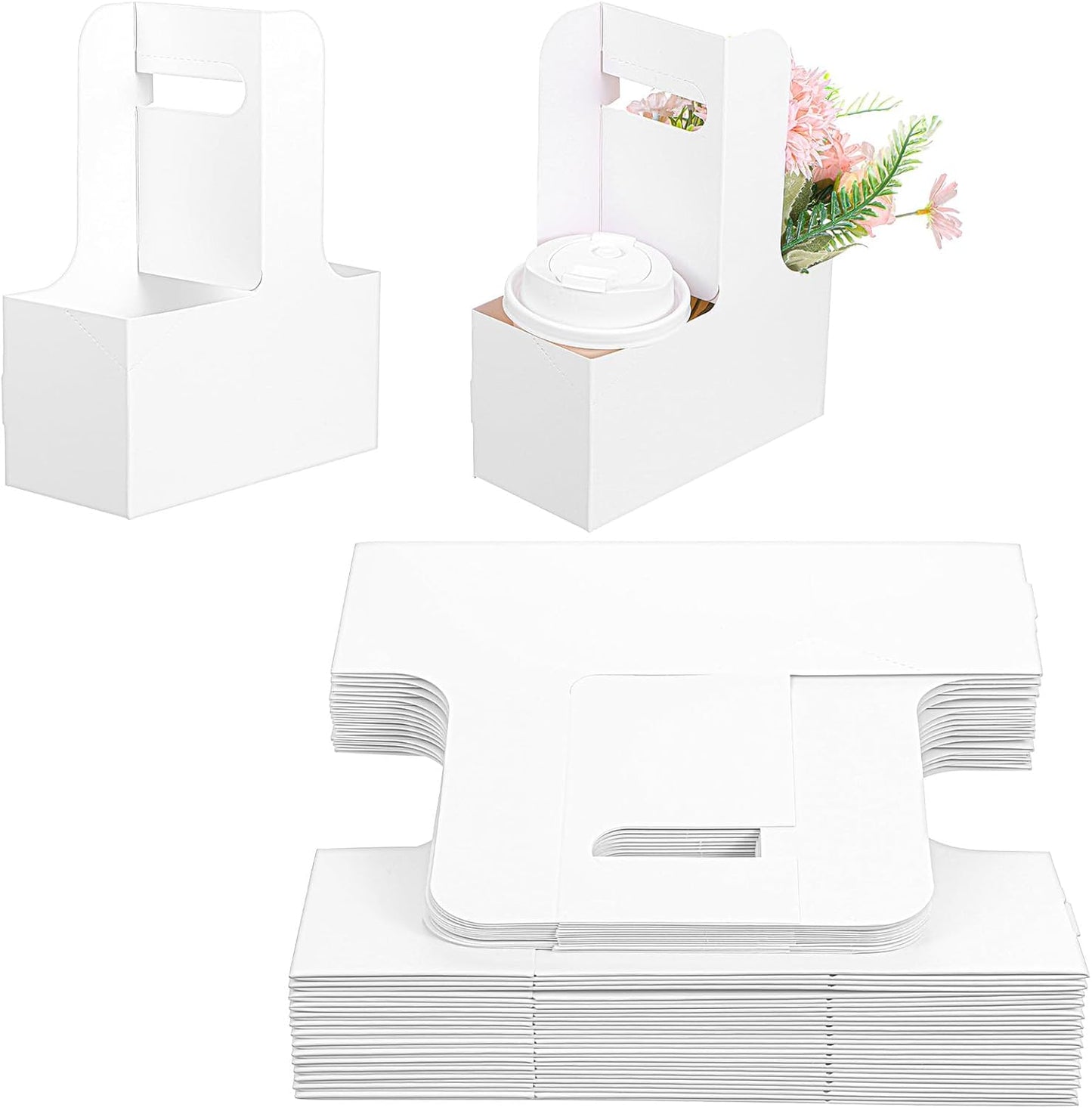 30 Pack 2-Cup Drink Carrier with Handle White Disposable Paper Cup Holder Cardboard 12-30 oz Take Out Cups Carriers for Hot and Cold Drinks Coffee Food Flowers Delivery