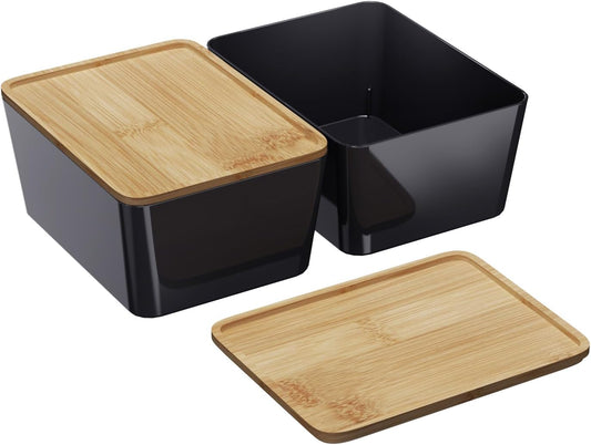 CHANCETSUI Stackable Storage Bins lids For Workplace: 5X7 Black Storage bins, Office Desk Accessories Storage Containers with Lids, Stackable Bins for Home and Office Organization, bamboo Lid, 2 Pack