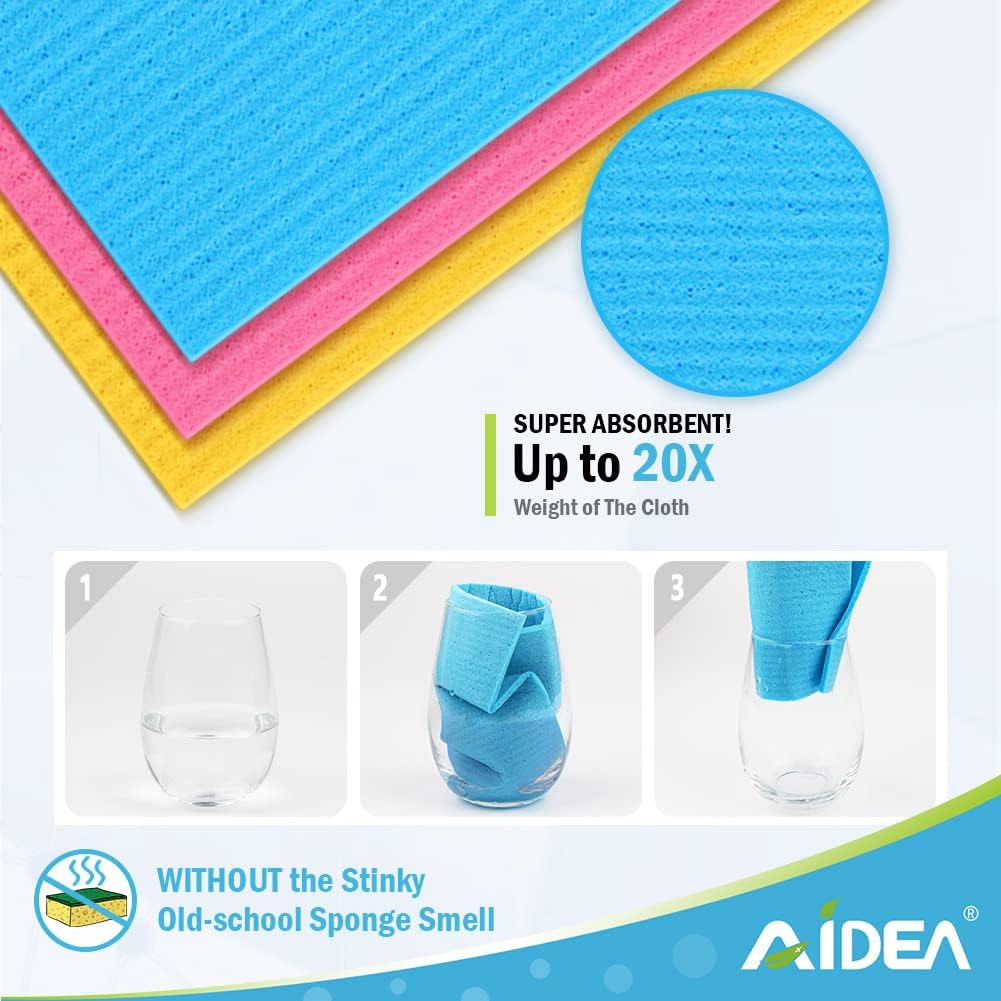 AIDEA Swedish Dishcloths for Kitchen, 20PK, Reusable Paper Towels, Kitchen Washcloths Dish Rags, Eco Friendly No Odor Reusable Cleaning Cloths, Cellulose Sponge Cloths, 7"×6"