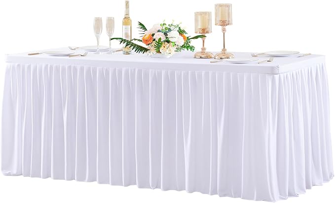 Wish Care White Polyester Table Clothes for 8 Foot Rectangle Tables, Wrinkle Free Fitted Table Cover with Pleated Ruffle Table Skirt for Birthday Party Wedding Trade Show Event Display by WishCare