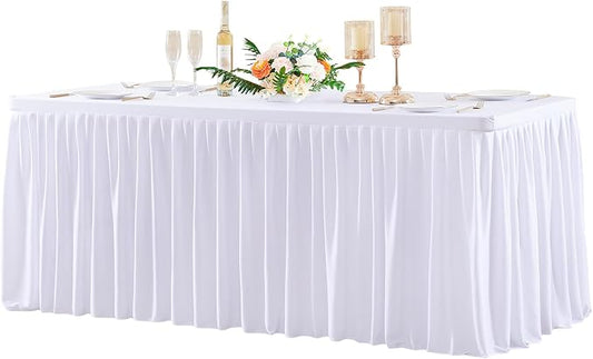 Wish Care White Polyester Table Clothes for 8 Foot Rectangle Tables, Wrinkle Free Fitted Table Cover with Pleated Ruffle Table Skirt for Birthday Party Wedding Trade Show Event Display by WishCare