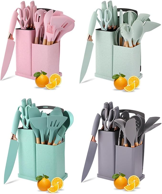 19 Pcs Kitchen Cooking Utensils and Knife Set with Block, Include 11 Pcs Silicone Cooking Utensils Set 5 Pieces Sharp Stainless Steel Chef Knives Scissors Whisk Tongs and Cutting Board (Pink) - Image 8