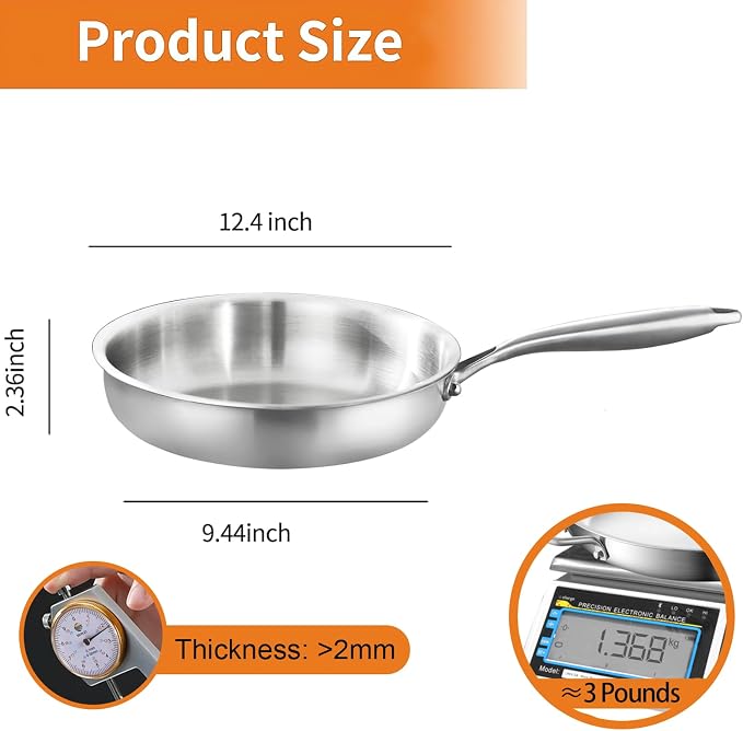 DELARLO Tri-Ply Stainless Steel Pan,18/10, 12.5" - Image 6