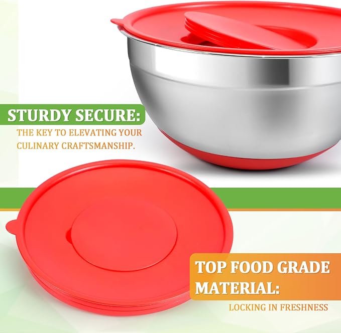 Mixing Bowls with Lids Set,10pcs Stainless Steel Mixing Bowls with Graters and Egg Whisk &Non-Slip Bottoms Food Prep Nesting Bowls for Baking, Cooking, Meal Storage(1.2QT-5.5QT) - Image 5