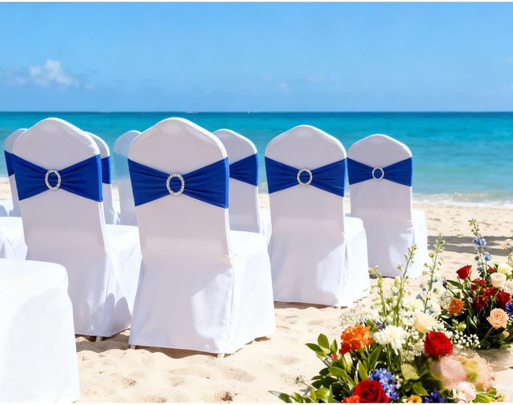 Roayl Blue Chair Sashes 50 Pack, Spandex Bands for Chairs Covers, Chair Bows for Wedding Party Banquet Decor - Image 2