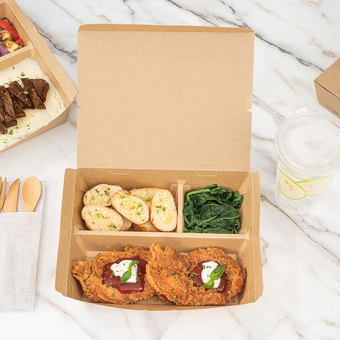 Restaurantware-Bio Tek 50.7 Ounce To Go Boxes, 100 Disposable Bento Boxes - 3 Compartments, Tab Lock Closure, Kraft Paper Take Out Box, Serve Hot and Cold Foods, For Restaurants or Parties - Image 9
