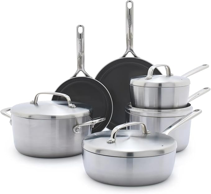 GreenPan GP5 Stainless Steel 5-Ply Healthy Ceramic Nonstick 13 Piece Cookware Pots & Pans Set, Frying Pans, Sauté, Saucepans, Stock Pot, Scratch Resistant, Induction,Dishwasher & Oven Safe, PFAS-Free by GreenPan