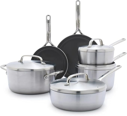 GreenPan GP5 Stainless Steel 5-Ply Healthy Ceramic Nonstick 13 Piece Cookware Pots & Pans Set, Frying Pans, Sauté, Saucepans, Stock Pot, Scratch Resistant, Induction,Dishwasher & Oven Safe, PFAS-Free by GreenPan