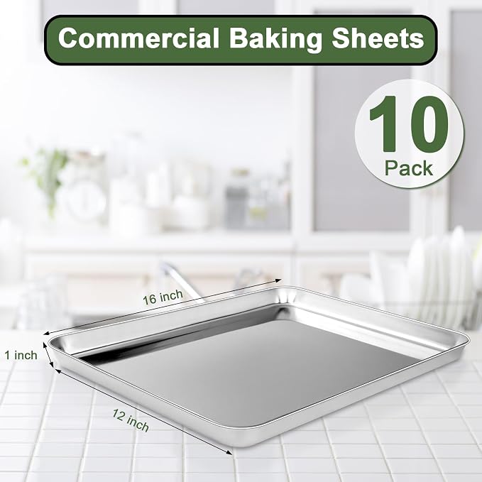 Baking Sheet Tray Set of 10, EWFEN Stainless Steel Baking Pan Cookie Pan Sheet, Size 16 x 12 x 1 inch, Warp Resistant & Heavy Duty & Rust Free - Image 2
