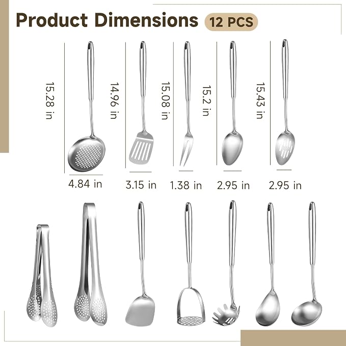 12 Pcs Stainless Steel Cooking Utensil Set - Wok Spatula, Soup Ladle, Slotted Spoon, Pasta Server, Rice Spoon, Frying Spatula Turner, Tongs 9 inch & 12 inch for Cooking, Baking, Serving - Image 4