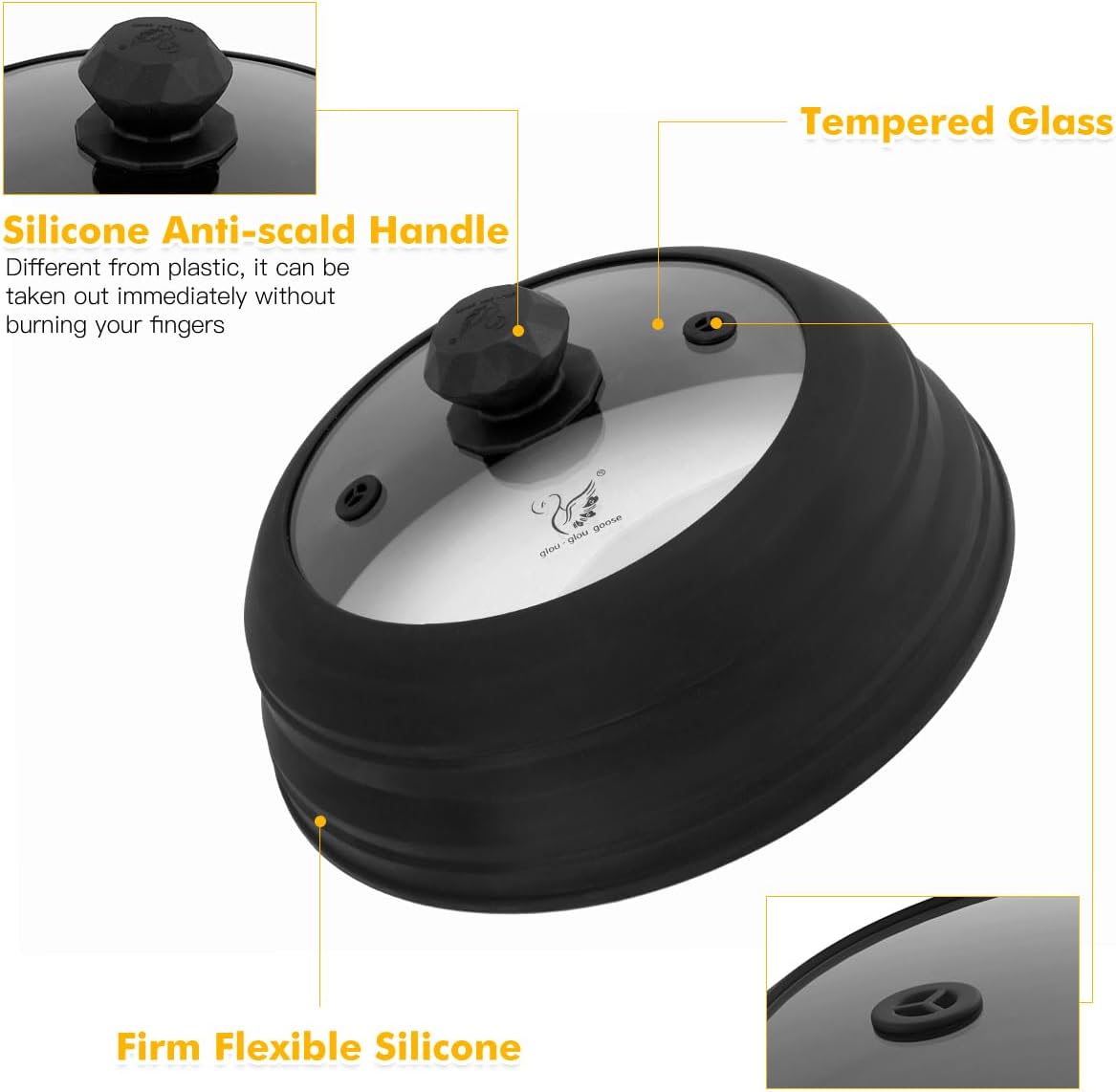 Microwave Splatter Cover Vented Glass Cover Splatter Guard Lid with Collapsible Silicone for Food as Pot Cover Plate Cover 10.8 inch for 6 7 8 9 10 inch Plate Bowl Black