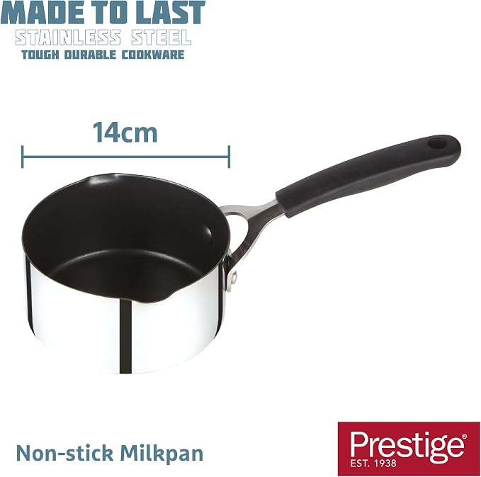 Prestige Made To Last Stainless Steel Milk Pan with Pouring Lip 14cm - Non Stick Milk Pan Induction Hob Suitable with Easy Grip Silicone Handles, Dishwasher Safe Cookware - Image 2