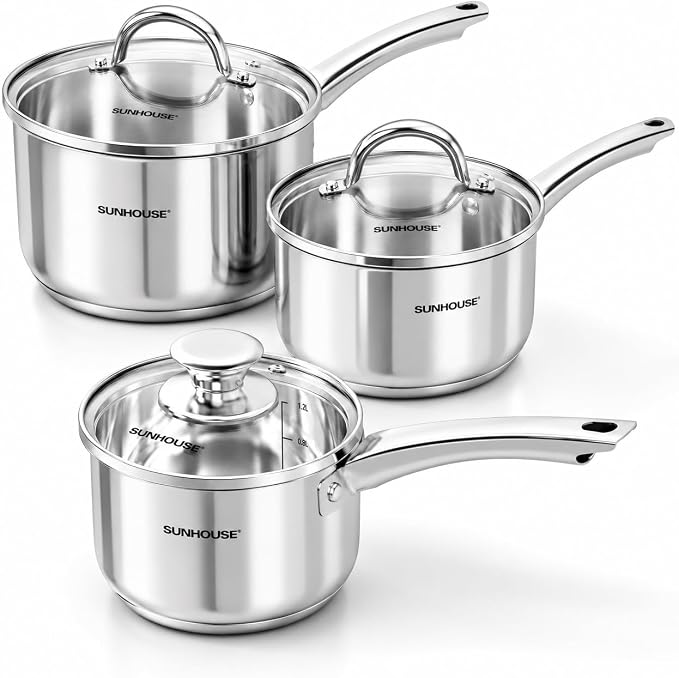 SUNHOUSE 3-Piece Stainless Steel Saucepan Set with Lids 1.5QT & 2QT & 3QT by SUNHOUSE