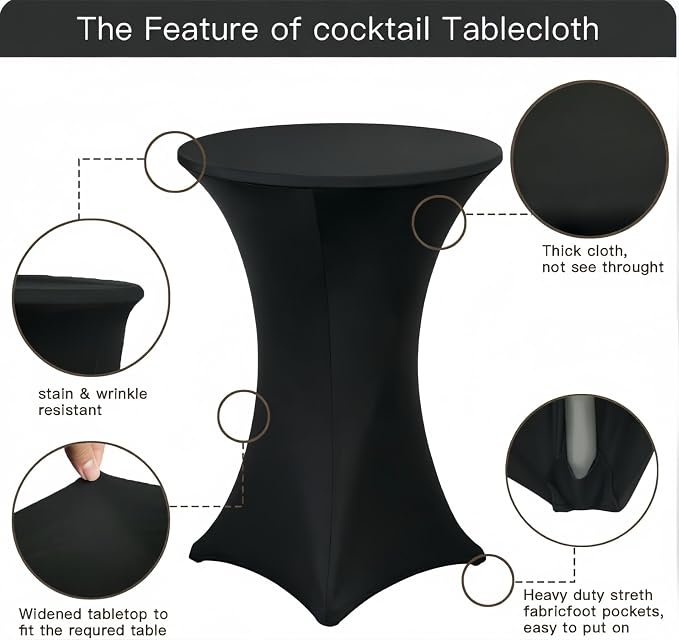 8 Pack High Top Cocktail Table Covers Black 32x43 Inch Fitted Stretch Round Cocktail Table Tablecloths Spandex Round High Top Table Cloths for Bar Party Wedding Banquet Event - Image 5