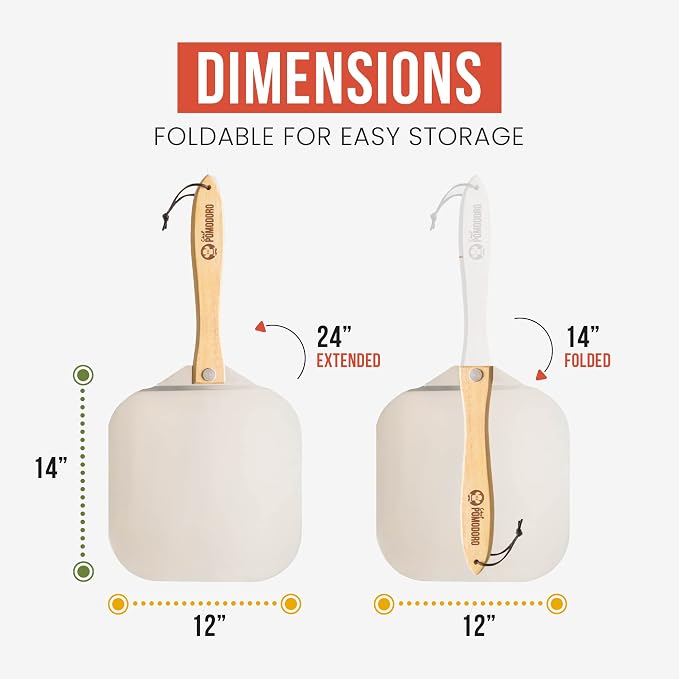Chef Pomodoro Pizza Peel and Cutter Set, Foldable Handle, 12x14 in | Commercial-grade Aluminum, Foldable Wood Handle; Pizza Spatula/Paddle for Bread & Pastries; Compact for Storage - Image 4