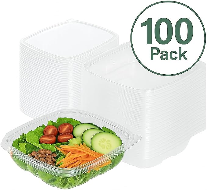 Tamper-Resistant Clear Hinged Containers with Flat Lid – Disposable Plastic Clamshell Takeout Boxes for Food, Salad, Dessert, Sandwich, Leak-Proof & Stackable – BPA-Free (100, Clear, 16 oz) - Image 2