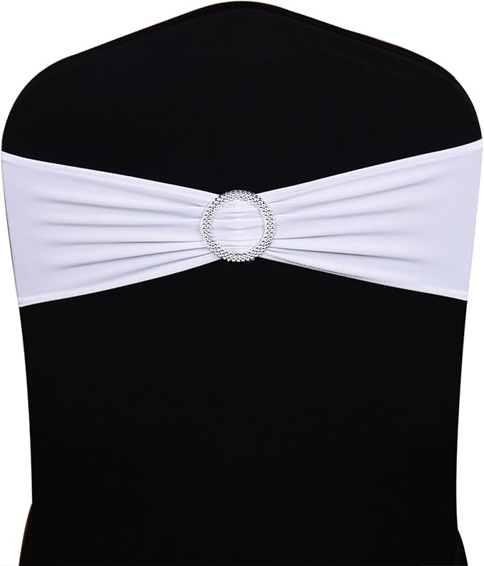 Wedding White Chair Sashes 100 Pack Spandex Chair Bands with Buckles Slider Chairs Bows for Party Birthday Bridal Shower Engagement Anniversary Christmas Event Decorations - Image 2