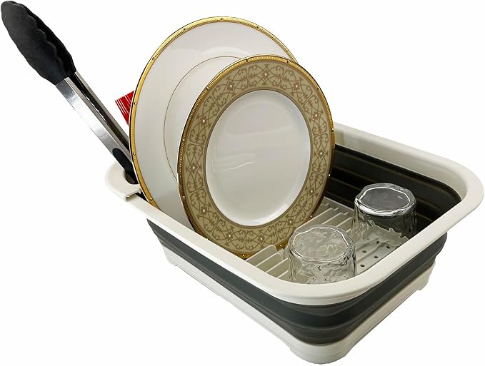 SAMMART Collapsible Dish Drainer with Drainer Board - Foldable Drying Rack Set - Portable Dinnerware Organizer - Space Saving Kitchen Storage Tray (2, Grey/Washed Black) - Image 6