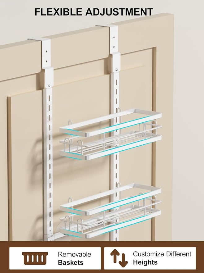 Delamu 9-Tier Over the Door Pantry Organizer, Adjustable Pantry Door Organizers and Storage, Metal Hanging Basket Wall Spice Rack Seasoning Organizer, Door Organizer Kitchen Bedroom Bathroom,12"White - Image 5