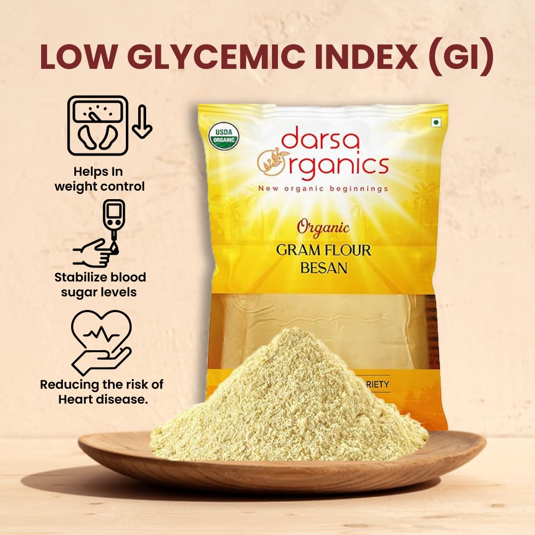 Darsa Organics Gram Flour - 2 lb Besan Flour, USDA Organic, Chemical Free, Non-GMO, Kosher, Premium Chickpea Flour for Cooking & Skin Care, Ideal for Gluten Free Diets & Face Masks