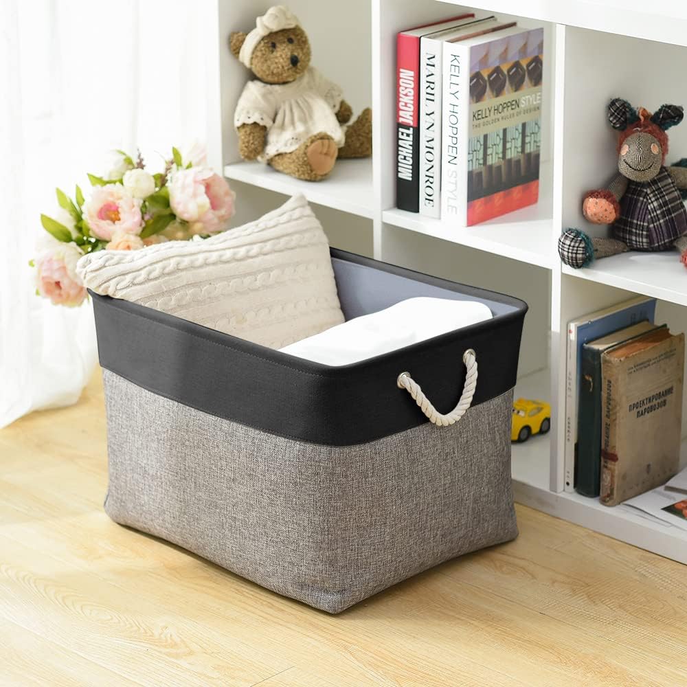 TheWarmHome Organization and Storage Basket for Shelves - 20x16x14 inch Jumbo 3 Pack Collapsible Storage Bins for Organizing, Fabric Storage Cubes for Organizer Gift Toy Closet (Black & Grey)