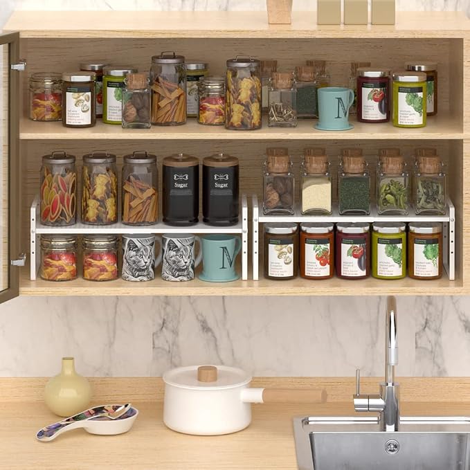 Expandable Cabinet Shelf Rack, Large Kitchen Cupboard Organizer Stackable Cabinet Pantry Shelf, Organization and Storage for Kitchen Bathroom, Metal Plate, White, 3 Pack - Image 5