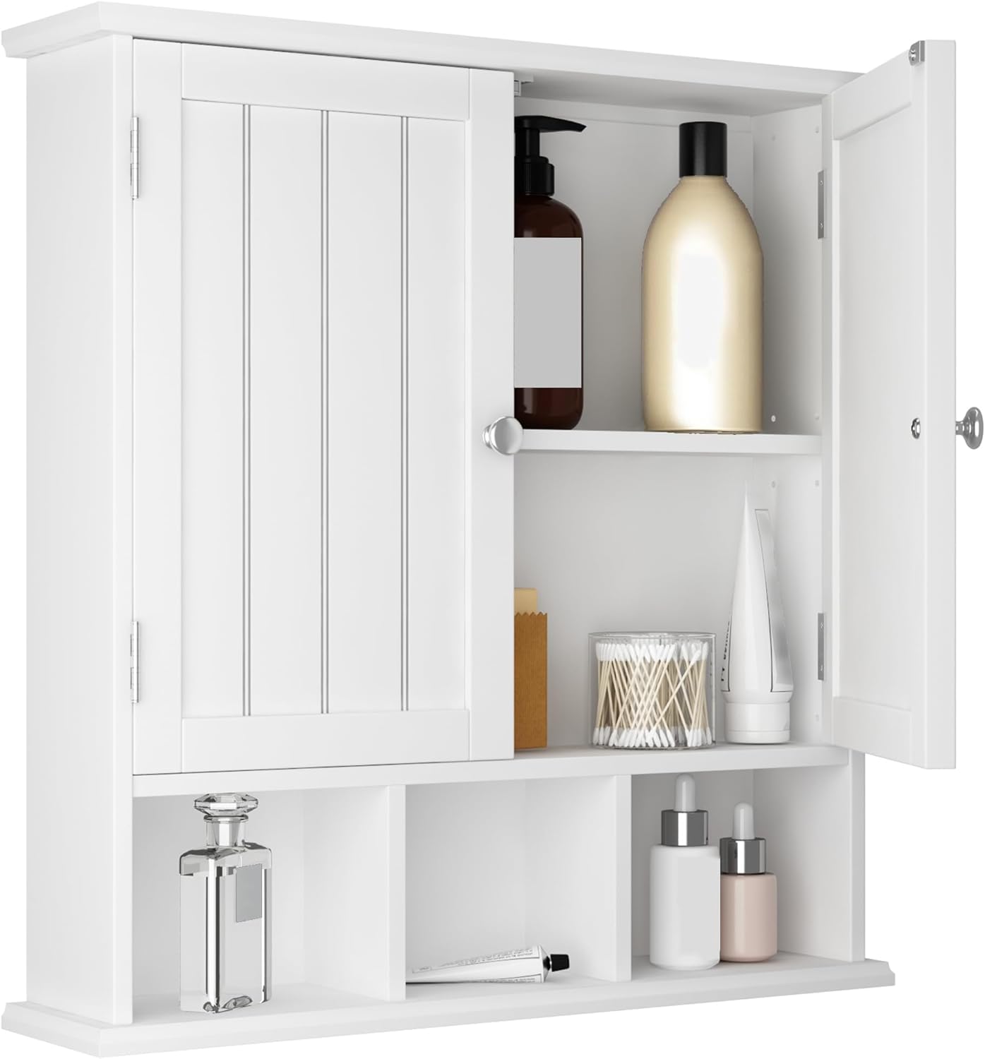 ChooChoo Bathroom Cabinet Wall Mounted 2-Door with 3 Open Shelves, Wooden Medicine Cabinets with Adjustable Shelf, Space Saver Storage Cabinets Over The Toilet for Bathroom&Living Room, White