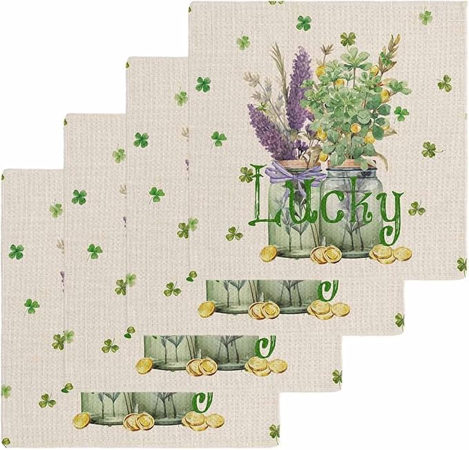 Lucky Clover Floral Dish Towels Set, Waffle Weave Kitchen Towels Microfiber Towels Cleaning Rustic St. Patricks Day Lavender Flower Soft Absorbent Dish Drying Towels Hand Towels 4 Pack 12x12 In by Unknown