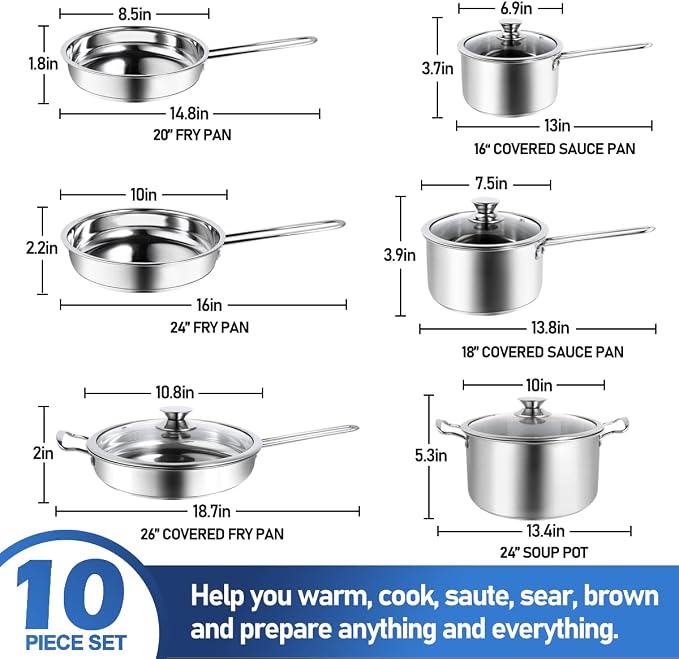 Aufranc 10-Piece Pots and Pans Set, Stainless Steel Cookware Set- Includes Ergonomic Handle Saucepans, Skillets, Dutch Oven, Stockpot, Steamer & More - Premium Pots and Pans for Home Chefs - Image 2