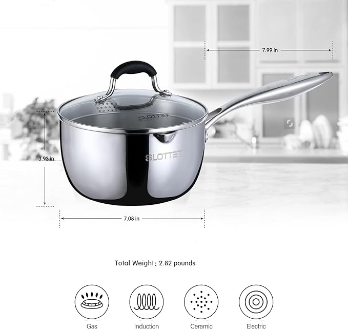SLOTTET Tri-Ply Whole-Clad Stainless Steel Sauce Pan with Pour Spout,1.5 Quart Small Multipurpose Pasta Pot with Strainer Glass Lid, Saucepan for Cooking with Stay-cool Handle. - Image 5