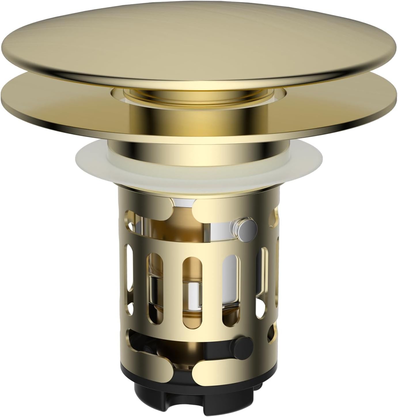 Hibbent Upgraded 3 in 1 Bathroom Sink Drain Strainer, Pop Up Sink Stopper with Big Push Cap, Anti-Clogging Metal Filter Basket,Sink Plug with Hair Catcher for 1.1''~2.36'' Basin, Brushed Gold