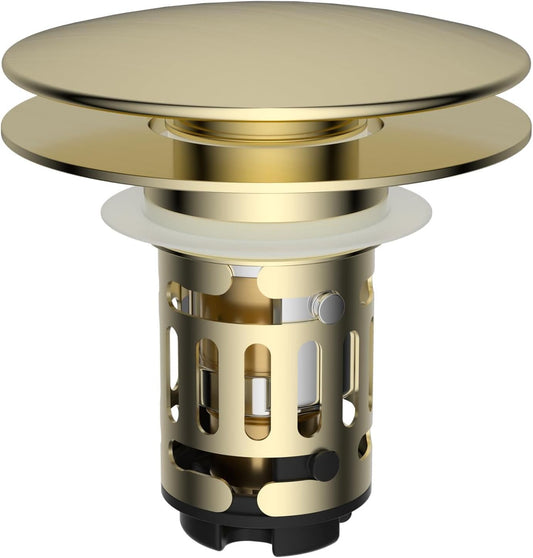 Hibbent Upgraded 3 in 1 Bathroom Sink Drain Strainer, Pop Up Sink Stopper with Big Push Cap, Anti-Clogging Metal Filter Basket,Sink Plug with Hair Catcher for 1.1''~2.36'' Basin, Brushed Gold