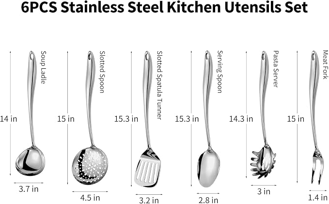 304 Stainless Steel Kitchen Utensils Set, 6 Pcs Long Metal Cooking Utensil with Spatula, Solid Spoon, Ladle, Skimmer, Spaghetti Spoon, Meat Fork, Dishwasher Safe - Image 2