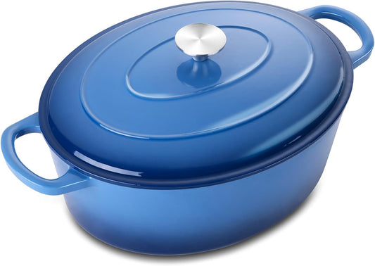 5QT Oval Dutch Oven Pot with Lid, Leonyo 5 Quart Enameled Oval Cast Iron Dutch Oven for Sourdough Bread Breaking, Heavy Duty Cookware for Braising, Stews, Roasting, Blue