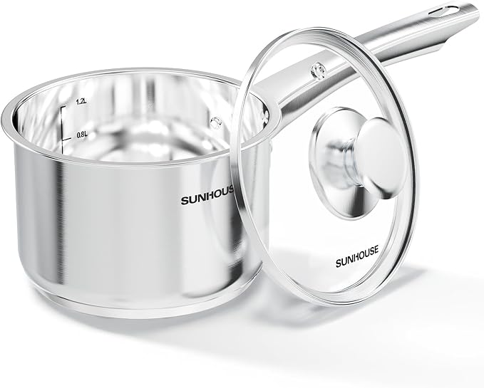 Sunhouse: Stainless Steel Saucepan - Classic: 1.5 Quart - Tempered Glass Lid, 3-Ply Bottom, Round-Edge Cookware Pot, All Cooktop-Oven-Dishwasher Safe by SUNHOUSE