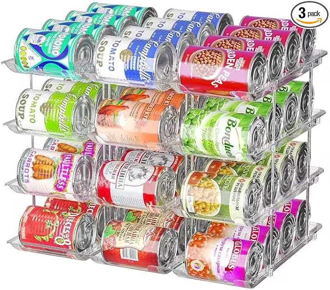Can Organizer for Pantry, 4 Tier Stackable Rolling Can Storage Rack | Automatic Rolling, Modular Combination, Clear, Holds 48 Cans, Fits Cabinets, Pantry & Fridge, Easy Access, Space Saving by Attelite