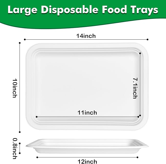 14 Inch Disposable Food Trays, 100 Pack White Compostable Platter | Heavy Duty Large Paper Plates for Serving Food, Sturdy Rectangle Plates for Crawfish Lobster Seafood Boil BBQ Party - Image 2