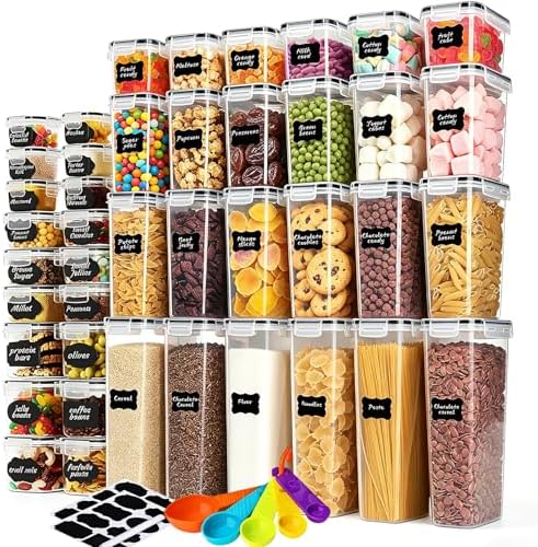 42pcs Airtight Containers, Clear Stackable Dry Food Storage | 42pk clear airtight containers with tight lids keep dry food fresh. Safe plastic, stackable for pantry kitchen storage by stusgo