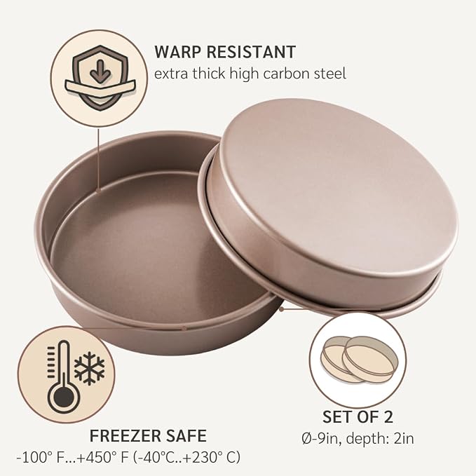 HAPPIELS 9 inch Raund Cake Pan 2 Pack Nonstick, PFOA & BPA Free | | Non-Toxic - High Carbon Steel - Gold - Layer Circle Mold 2 inches Deep for Oven Baking - Image 6