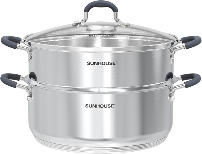 Sunhouse: 2-Tier Stainless Steel Steamer Pots - 5.5 Quart - Tempered Glass Lid, 3-Ply Bottom, Vegetable-Dumpling-Food Cookware, Dishwasher & Oven Safe by SUNHOUSE