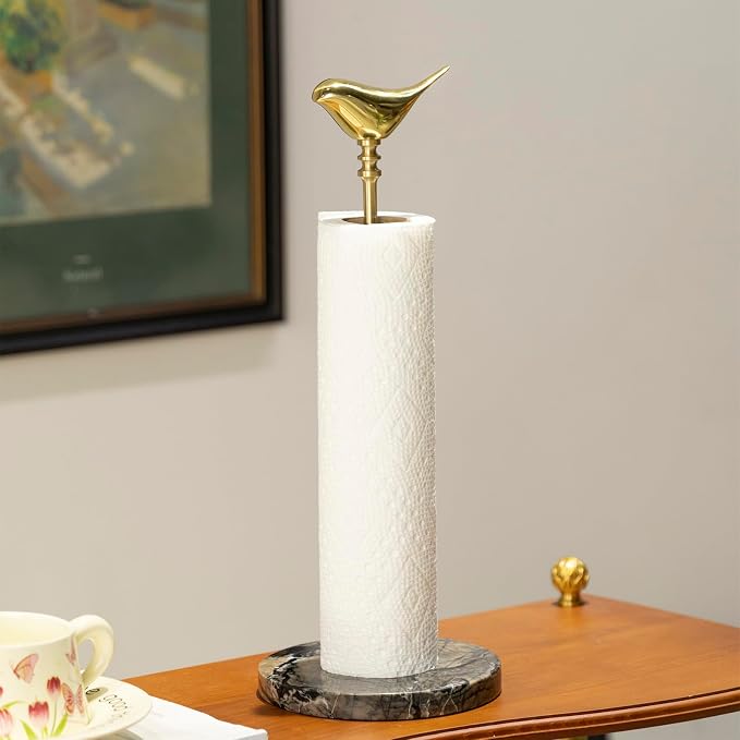 Paper Towel Holder Countertop with Heavy Marble Base, Standing Paper Towel Roll Holder for Kitchen Bathroom, with Weighted Base for One-Handed Operation (Black Base) - Image 3