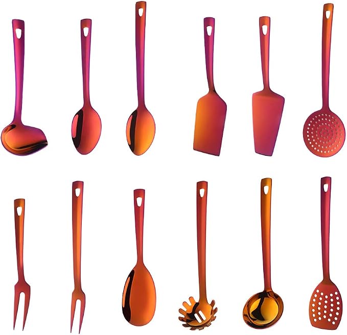 Stainless Steel Kitchen Utensil Set, BuyGo 12 Piece Rainbow Red Cooking Utensils with Integrated Hanging Loop, Mirror Polish and Dishwasher Safe by Unknown