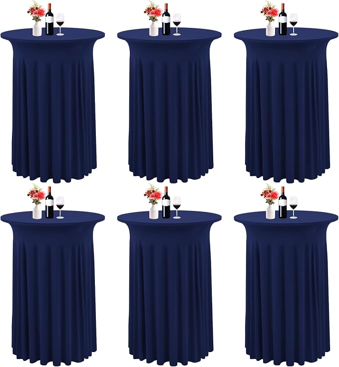 6 Packs Round Cocktail Table Cloth with Wavy Drapes, Spandex Stretch Cocktail Tablecloth, Fitted High Top Table Covers for Wedding Outdoor Parties Patio Bar(32"x 43",Navy Blue) by FXKS