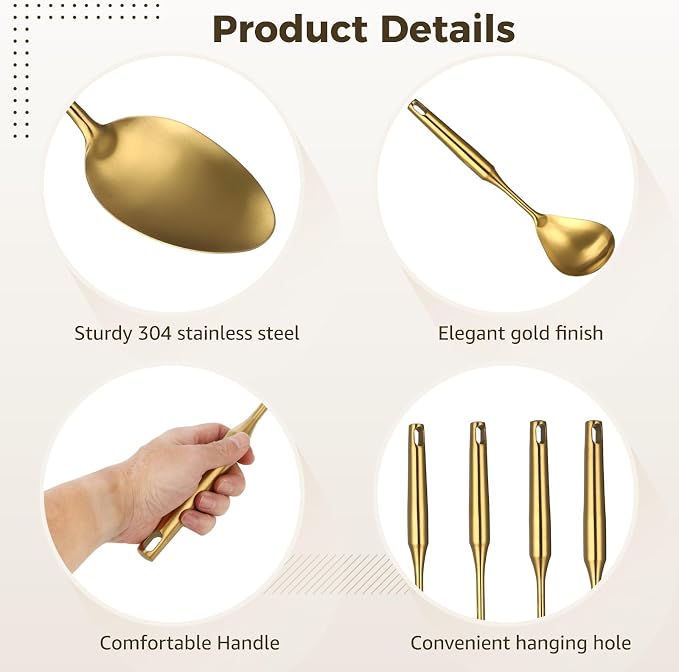 9 Pcs Gold Kitchen Cooking Utensils Set - 304 Stainless Steel Gadgets Cooking Tools, All Metal Serving Utensils, Includes Spatulas, Spoons, Ladle, Skimmer, Tunner - Image 3
