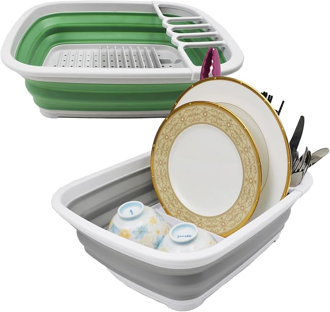 SAMMART 8L (2.11Gallons) Collapsible Plastic Dish Drainer - Foldable Drying Rack - Portable Dinnerware Organizer - Space Saving (Grey+Dark Sea Green (Set of 2)) by SAMMART