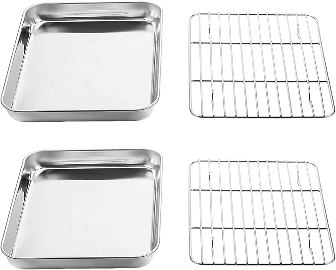 Wildone Baking Sheet with Rack Set [2 Sheets + 2 Racks], Stainless Steel Cookie Pan baking Tray with Cooling Rack, Size 10 x 8 x 1 Inch, Non Toxic & Heavy Duty & Easy Clean - Image 2