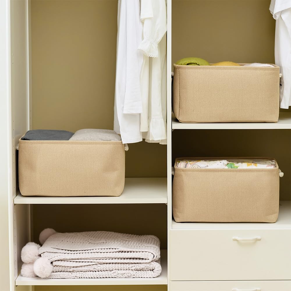 TheWarmHome Organization and Storage Bin for Shelves - Large 3 Pack 16x12x8 inch Storage Basket for Organizing, Canves Storage Cubes for Organizer Toy Closet Cloth Gift (Beige)